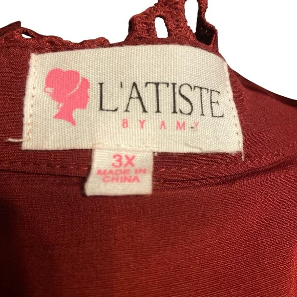 L'ATISTE Deep Red Lace Long Sleeve gold studded Dress - Picture 2 of 8